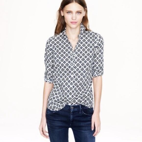J. Crew Womens Perfect Button Up Shirt in Foulard Blue Medallion Print Size 0 - Picture 1 of 12
